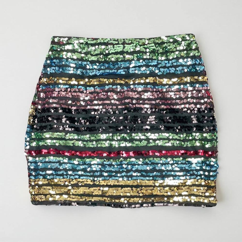 Rainbow Sequin Mini Skirt XS Multicolor Stripe Holiday Party NYE NWOT - Picture 3 of 9
